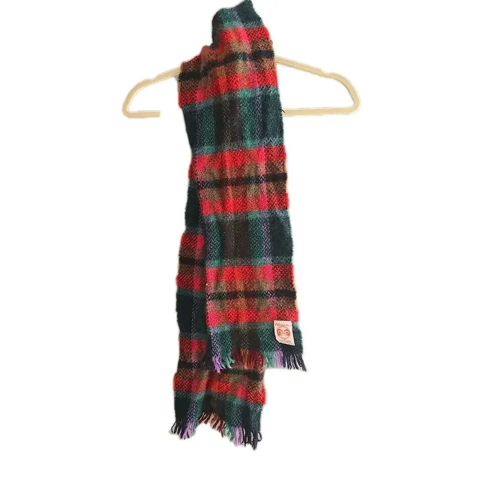 Vintage Alexanders Green Red Plaid Wool Fringe Neck Warmer Scarf Womans Size 60